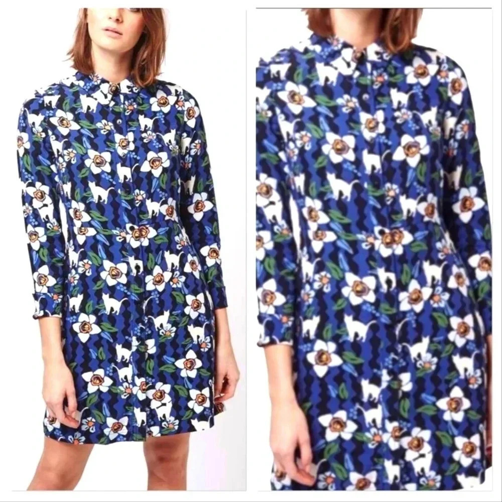 Topshop Cat and Flower Print Shirt Dress